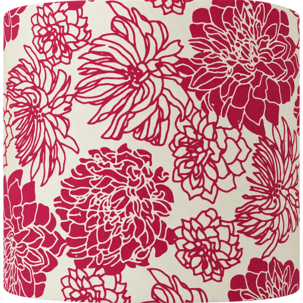 Gros plan sur un tissu ou un papier crème décoré de grandes fleurs de dahlias stylisées dans un rose framboise.