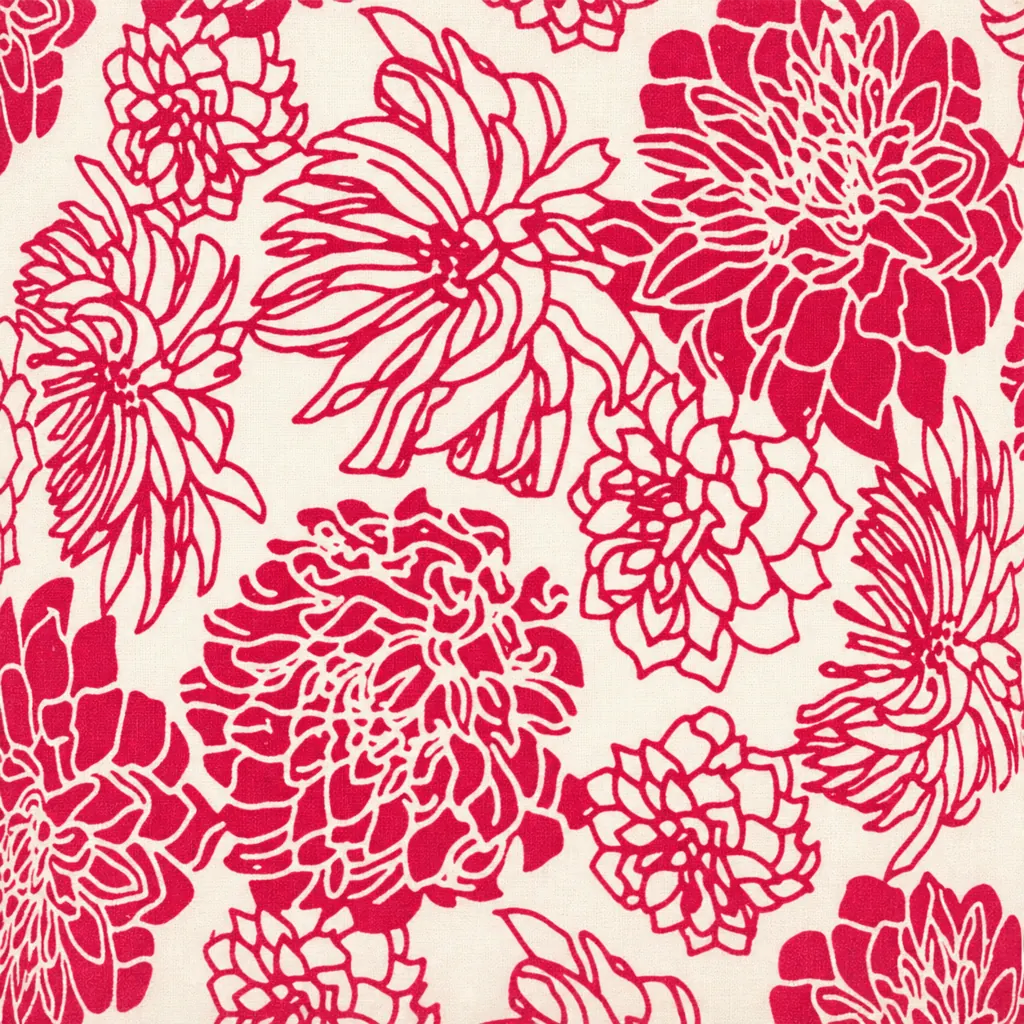 Gros plan sur un motif de fleurs de dahlias roses, dessinées en aplats et en contours, imprimé sur un papier crème texturé.