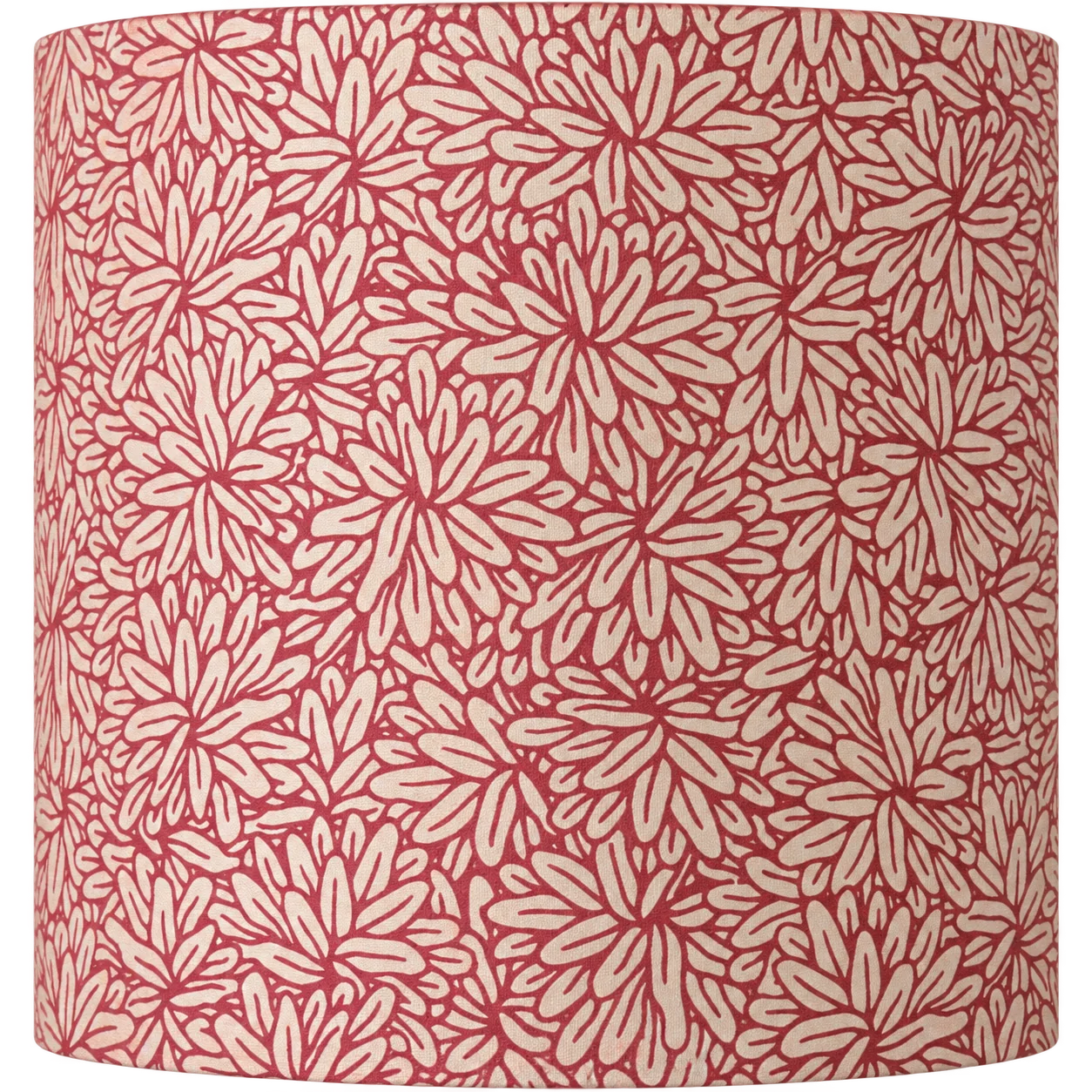 Gros plan d'un motif de fleurs stylisées beiges sur un fond rouge framboise, probablement un tissu ou un papier peint.