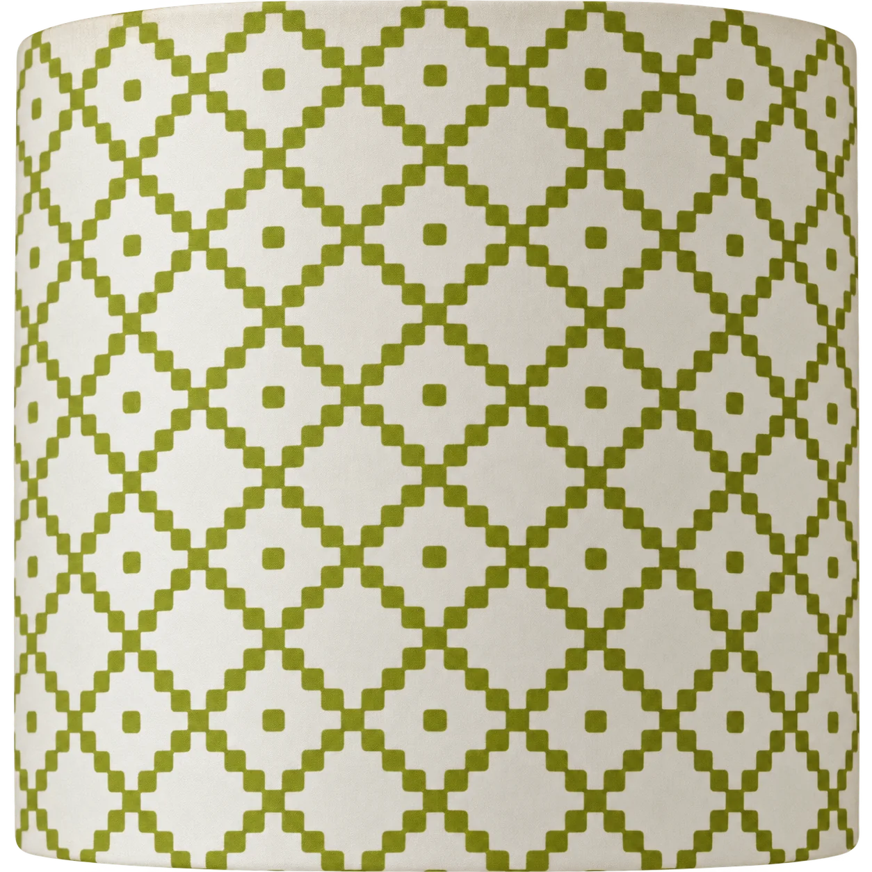 Gros plan d'un motif géométrique vert olive composé de losanges et de petits carrés sur une surface crème.