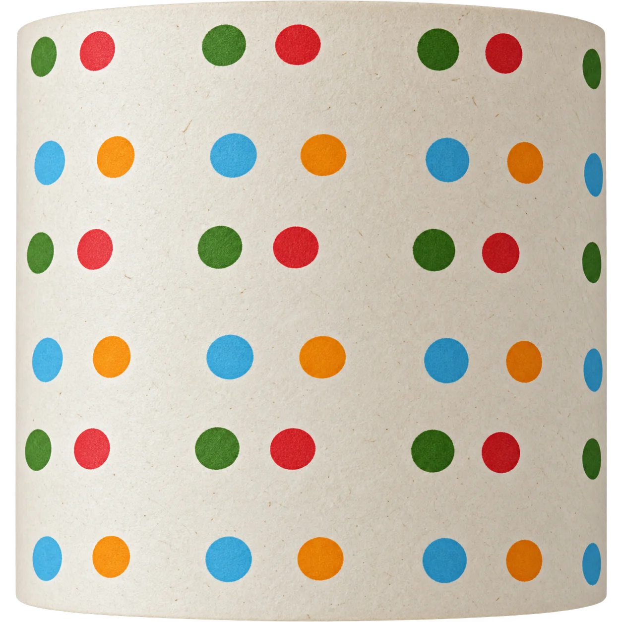 Gros plan sur un papier crème légèrement texturé orné de rangées de pois verts, rouges, bleus et orange.